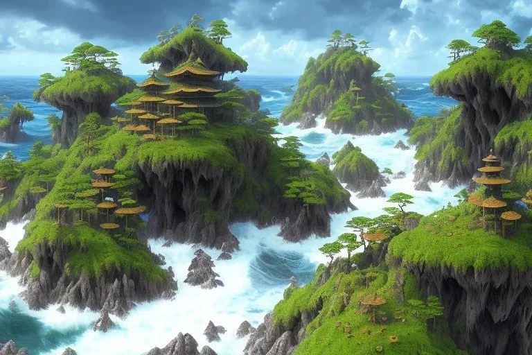 high quality matte painting of a stormy ocean and little lush organic islands, ecosystem, highly reflective water, japanese bunka period architecture, book of later han, randomly placed tiny buildings, intricate, detailed, waves, spume, small minutiae, spindrift, tiny features, ripples, particulars, sharp lines, digital art, sharp focus, volumetric clouds, perspective ground level camera view, 8k, realistic shaded volumetric lighting, ambient occlusion, sunlight caustics, uhd, art by sam curry