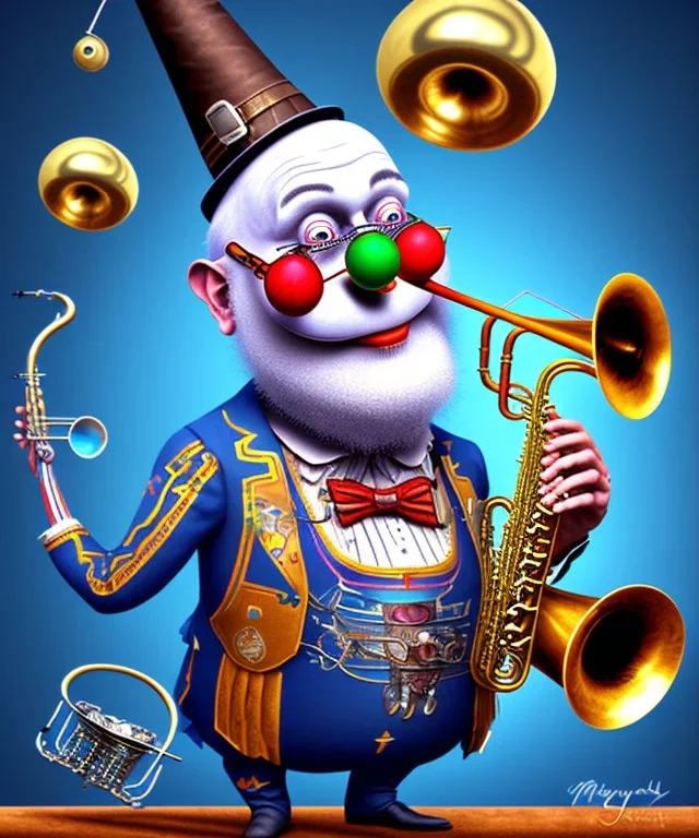 mechanoid old friendly fat clown with trimmed beard playing jazz with a steampunk theme, trumpet, realistic