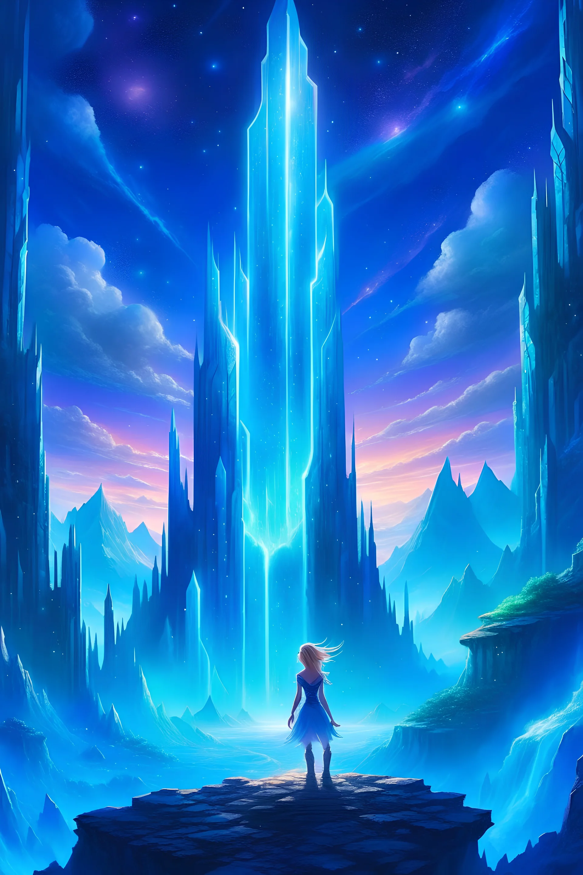 Create an image of Elara’s daring climb up the Crystal Peaks, surrounded by towering crystals that reflect the starry skies above, as she nears the realm of the elusive Starweaver