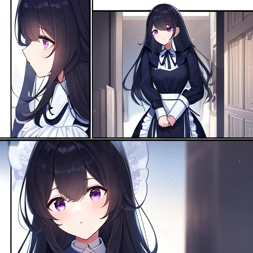 Clear focus,High resolution, black long fluffy hair, long fluffy bangs, purple eyes, wearing a maid outfit, wearing a short skirt, comic