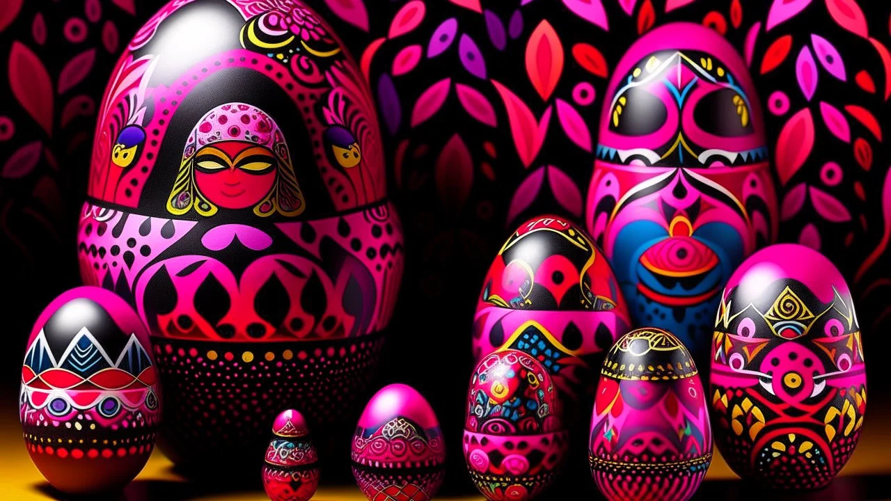 A dark magenta Easter themed valley with eggs and bunnies designed in Matryoshka dolls painted by Victor Vasarely