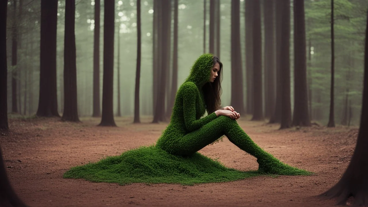 woman made of tiny green leaves, legs formed by branches, sitting next to a tree stump, in a green wood