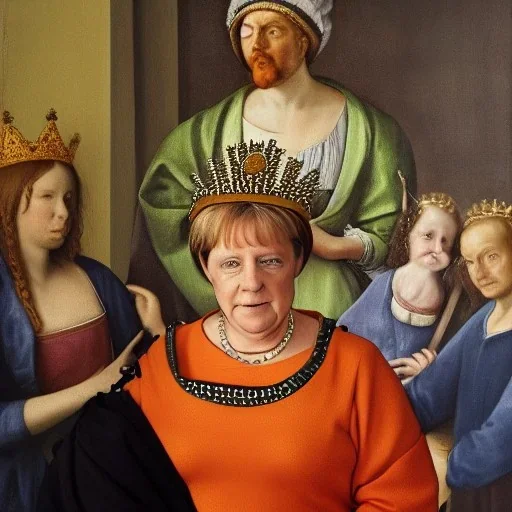 renaissance painting of angela merkel wearing a crown in front of the bundestag