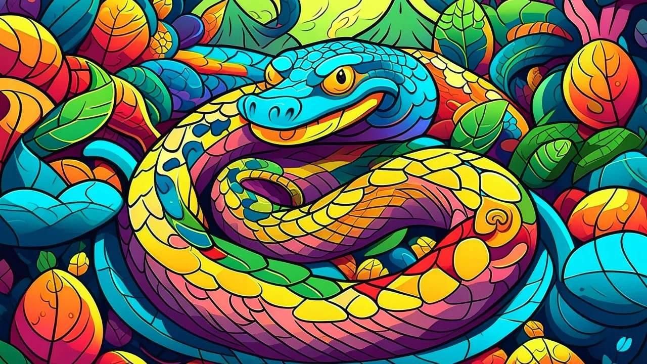 fantasy cartoon style illustration: vibrant scales from a sleepy snake