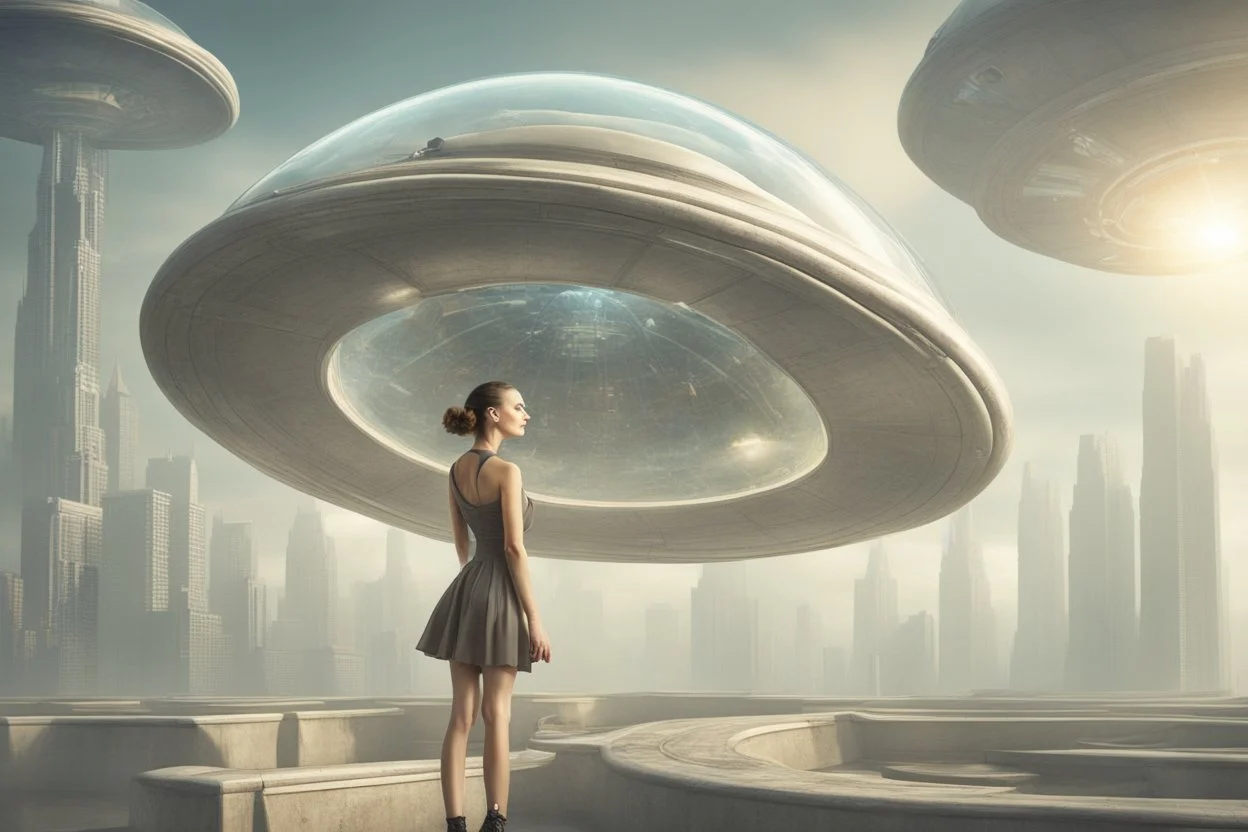 beautiful woman inside flying saucer with clear dome top over future alien city