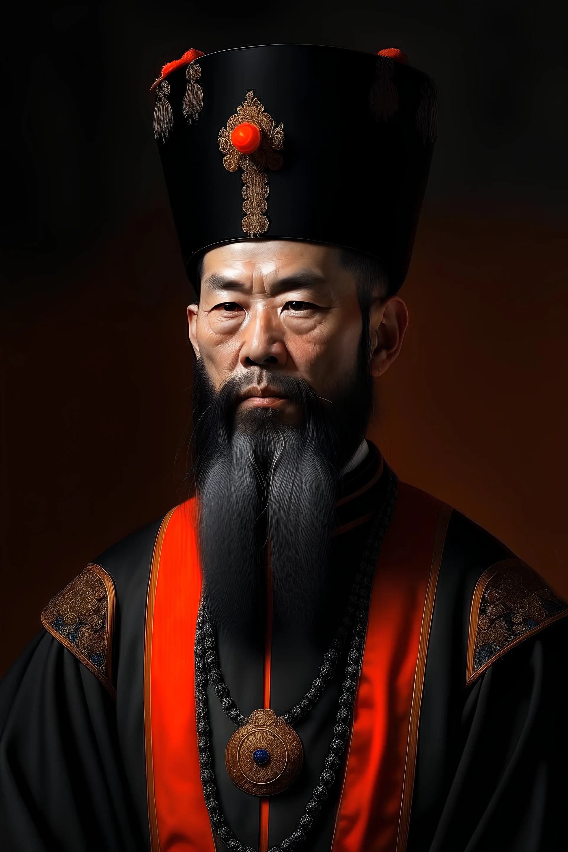 肖像画、十二颗珠的黑色官帽、黑色衣服和纁色裙子、高耸的头饰、高鼻梁,鼻翼挺拔、眉目细长,大眼睛、昂首挺胸、长胡须、古代中国皇帝