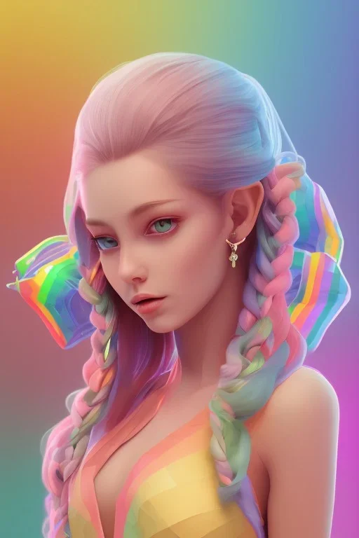 isometric clean art of super beautiful lady, soft lighting, soft pastel gradients, high definition, 3d icon clay render, blender 3d, beautiful, long hair, rainbow hair, rainbow dress, close up