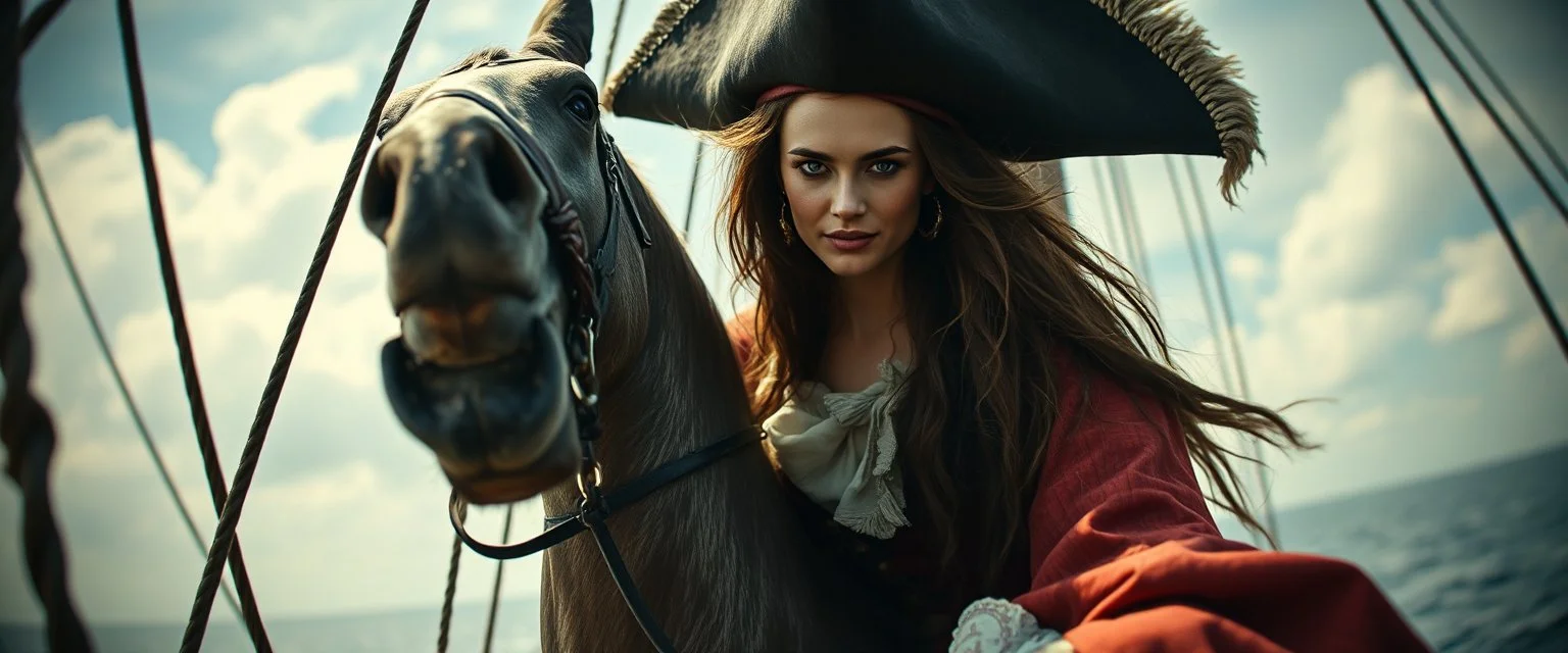 pin hole cam, master oil painting by Rembrandt, good afternoon scary hot seductive piratress merchant swashbuckler on stallion on ship