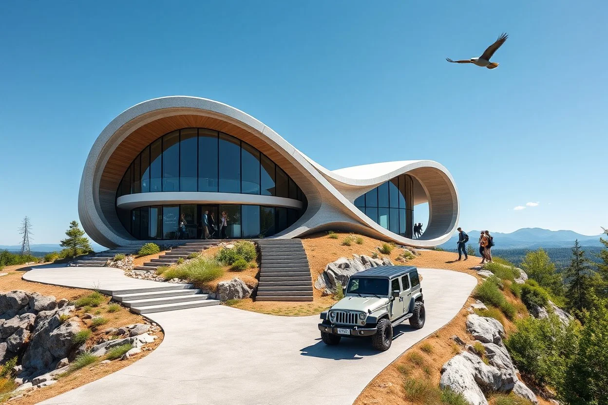 Photo of a futuristic cabin with a shape inspired by the infinity symbol in plan and the x cross in elevation. Glass facades are interspersed between the curved walls, which are steps to go up to the roof to a terrace. There is a driveway leading to the house on the side of the hill, with a luxury jeep parked. It has a biomimetic design. There are hikers in the distance and the silhouette of a bird in the sky. By drone. Clear blue sky and summer weather. Green trees