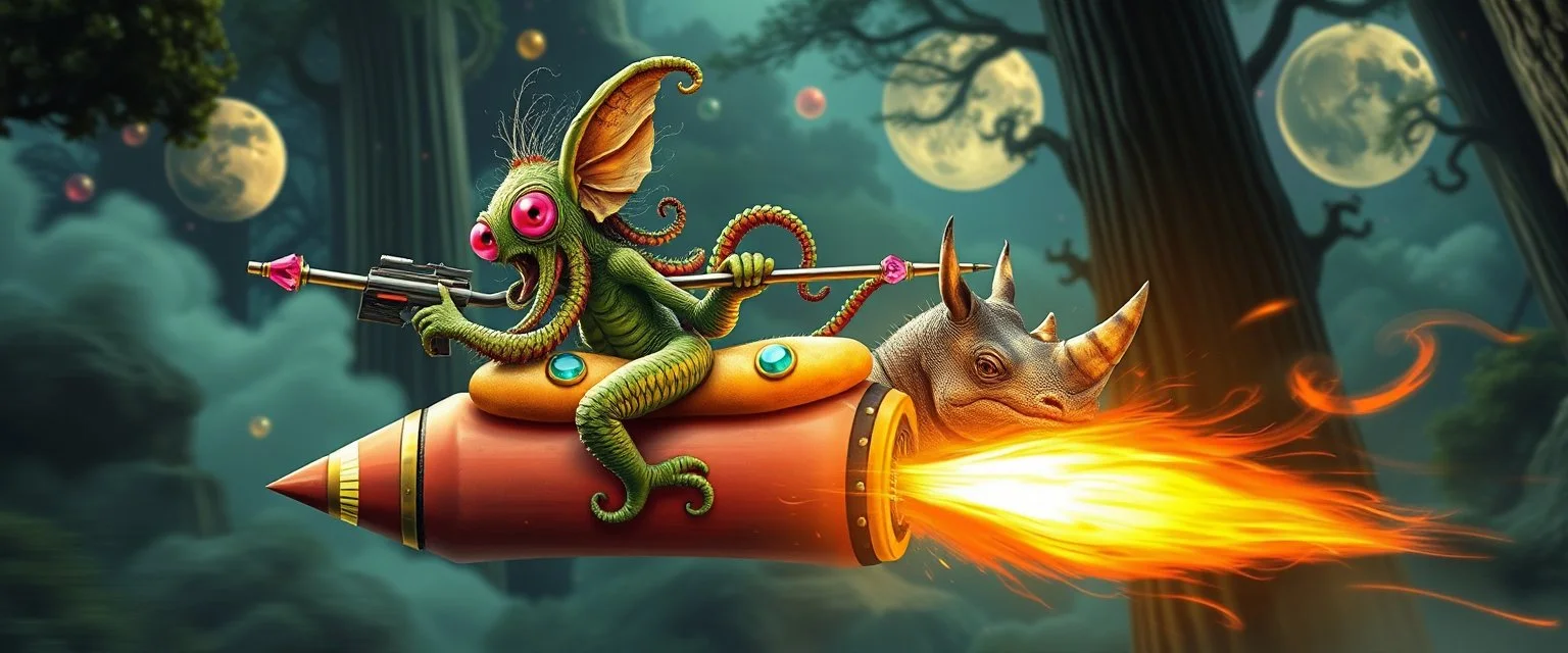 hairy macho gremlin octopus lizard aliens living in a hi tech marvellous hot dog art graphics and gems on rocket with a mounted sling shot mega harpoon, heading for venus , background motion blur and smoke swirls, and cheeky slug rhino through giant ancient forest
