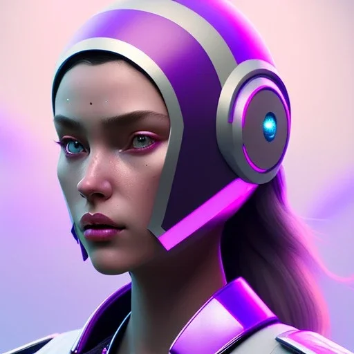 woman, rounded face, purple, round helmet, decorative color feathers, retro futuristic, latex coat, soft color, highly detailed, art stations, concept art, smooth, unreal engine 5, god rays, ray tracing, RTX, lumen lighting, ultra detail, volumetric lighting, 3d, finely drawn, high definition, high resolution.