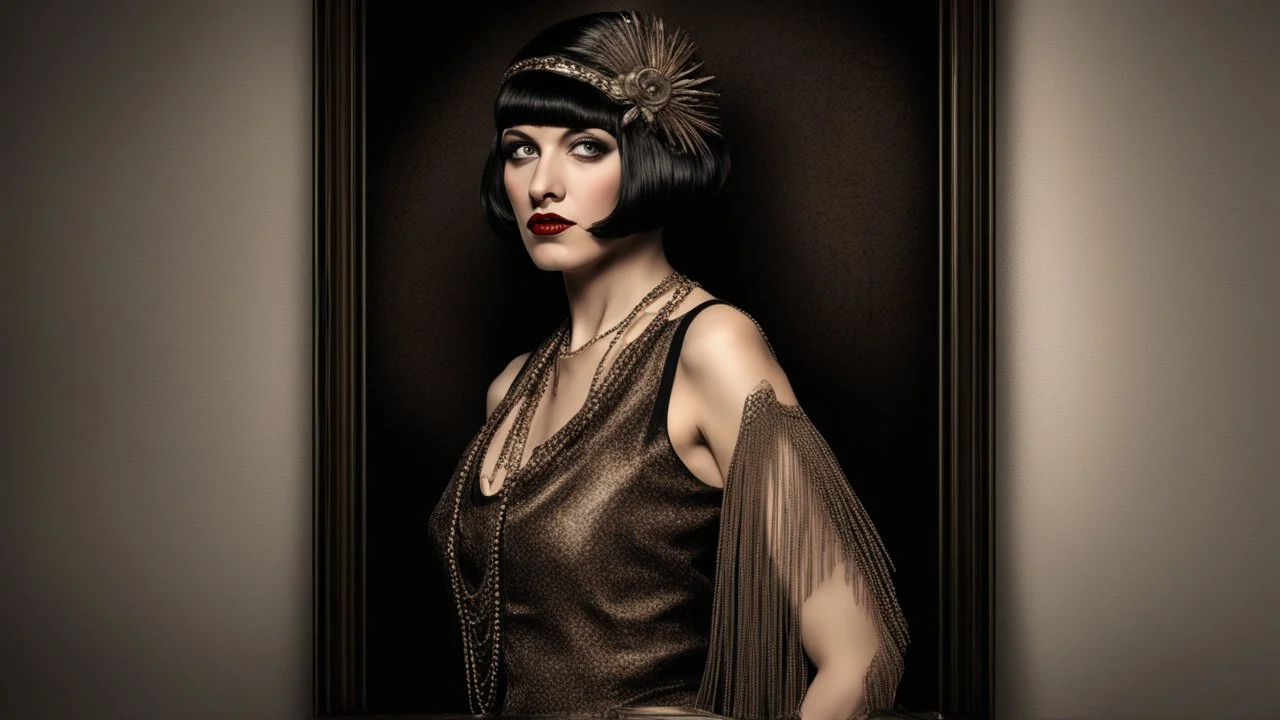 Full Body, burlesque Woman With A Bob With A Fringe Hairstyle, 1920s flapper style Clothing, Steampunk, Black Background, photorealism