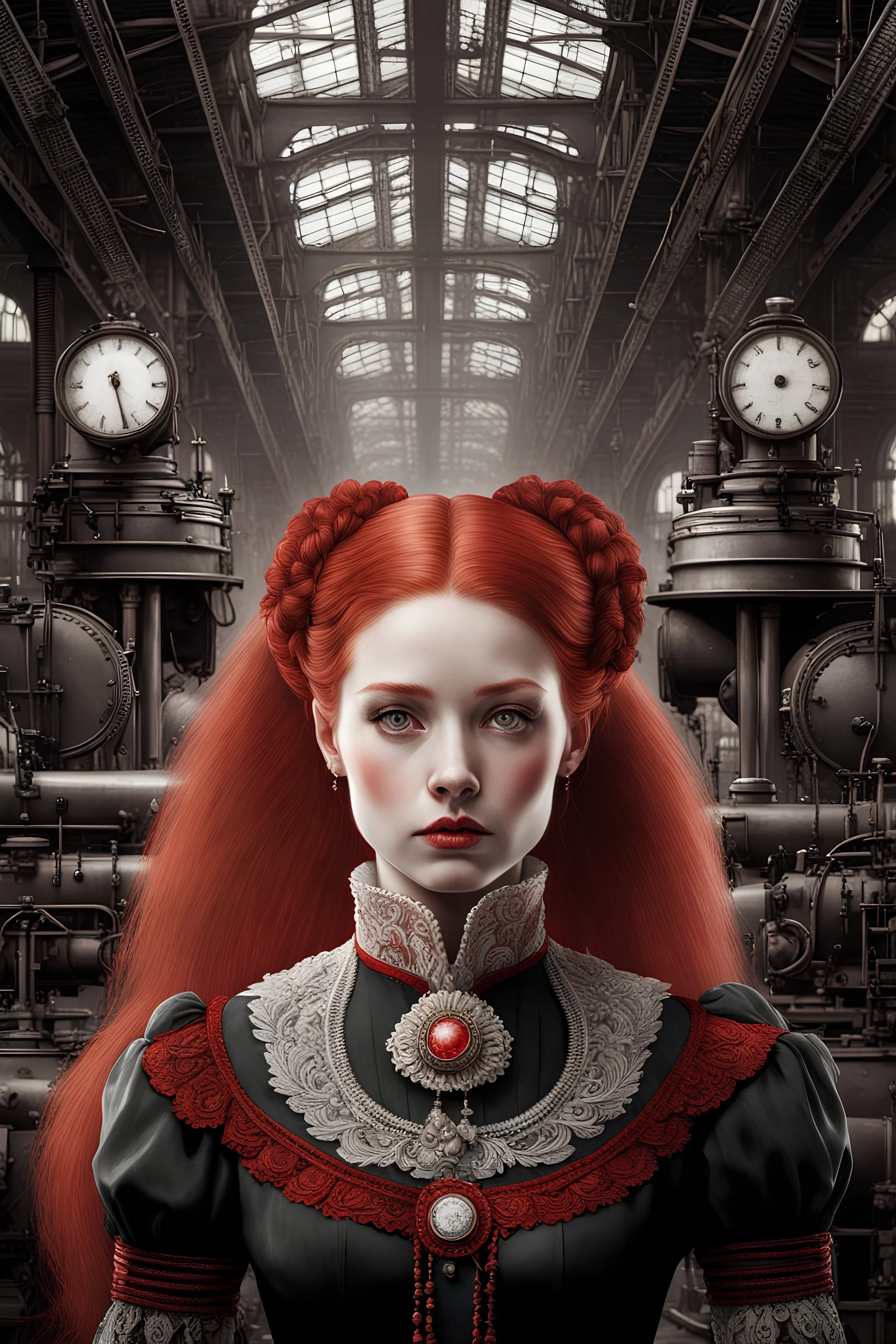 Insanely detailed closeup vintage black-white-and-red portrait of a pale skinned 25yo redhead russian woman with eye shaddow and long eye lashes and a pony tail, in a victorian manufacturing plant by CGSociety, awwchang, James Christensen, Pixar, character design, digital illustration, detailed background, Norman Rockwell, Carne Griffiths, Gil Elvgren, Leonardo DaVinci, 8k resolution, Pixar, Lou Xaz, cinema 4d