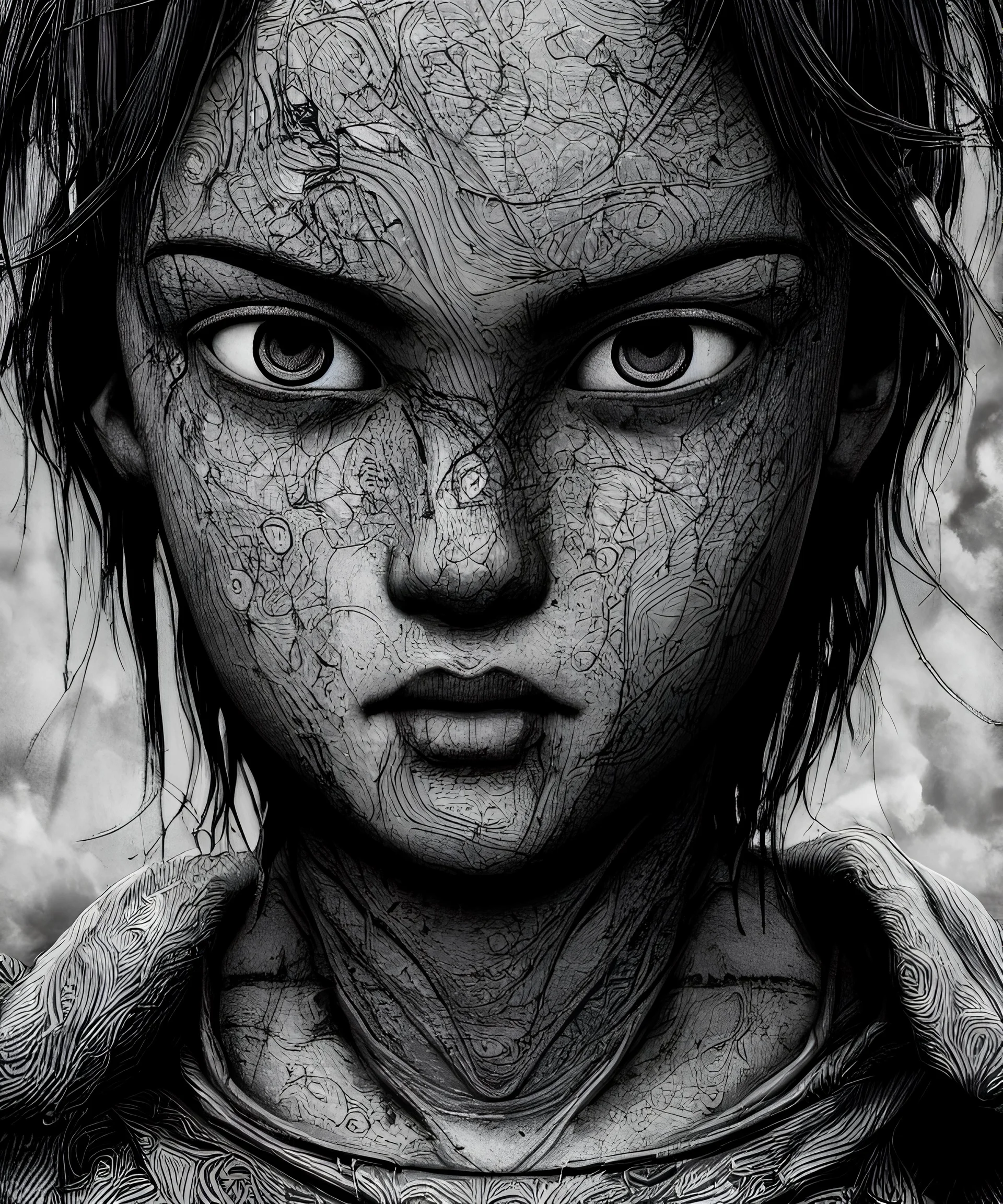 black and white portrait of the face of the sadness, ultra realist texture, intricate line, hdr, 8k, ultra symmetrical,dark futur, akira movie, stephen king style, goldorak anime style, octan render