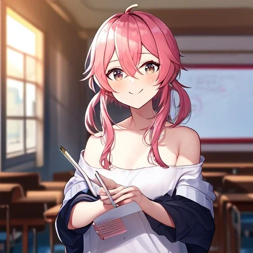 Clear focus, High resolution, a anime adult, cute, cartoony style, smiling, hair between eyes, holding a pencil, small forhead, female, medium length hair, long locks, lots of bangs, teacher, wearing a off shoulder shirt, no spaghetti straps, peach hair colour