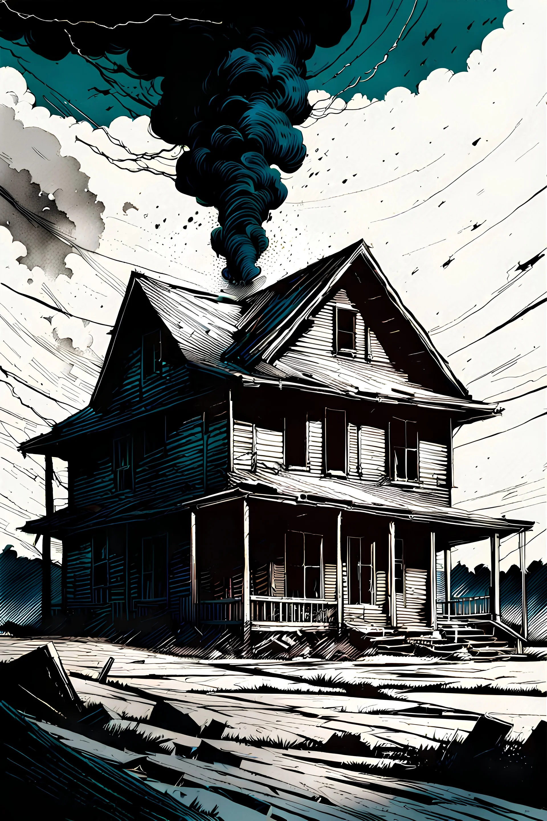 create a dreamscape illustration of a farmhouse disintegrating in a massive, violent tornado , with highly detailed features, in the comic art style of FRANK MILLER and BILL SIENKIEWICZ, searing lines and forceful strokes, precisely drawn, boldly inked, with gritty textures, dark and dramatic otherworldly lighting