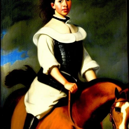 Retrato de una niña muy guapa llamad Dalia Santiago Arnau montando a caballo con el estilo de Diego Velázquez