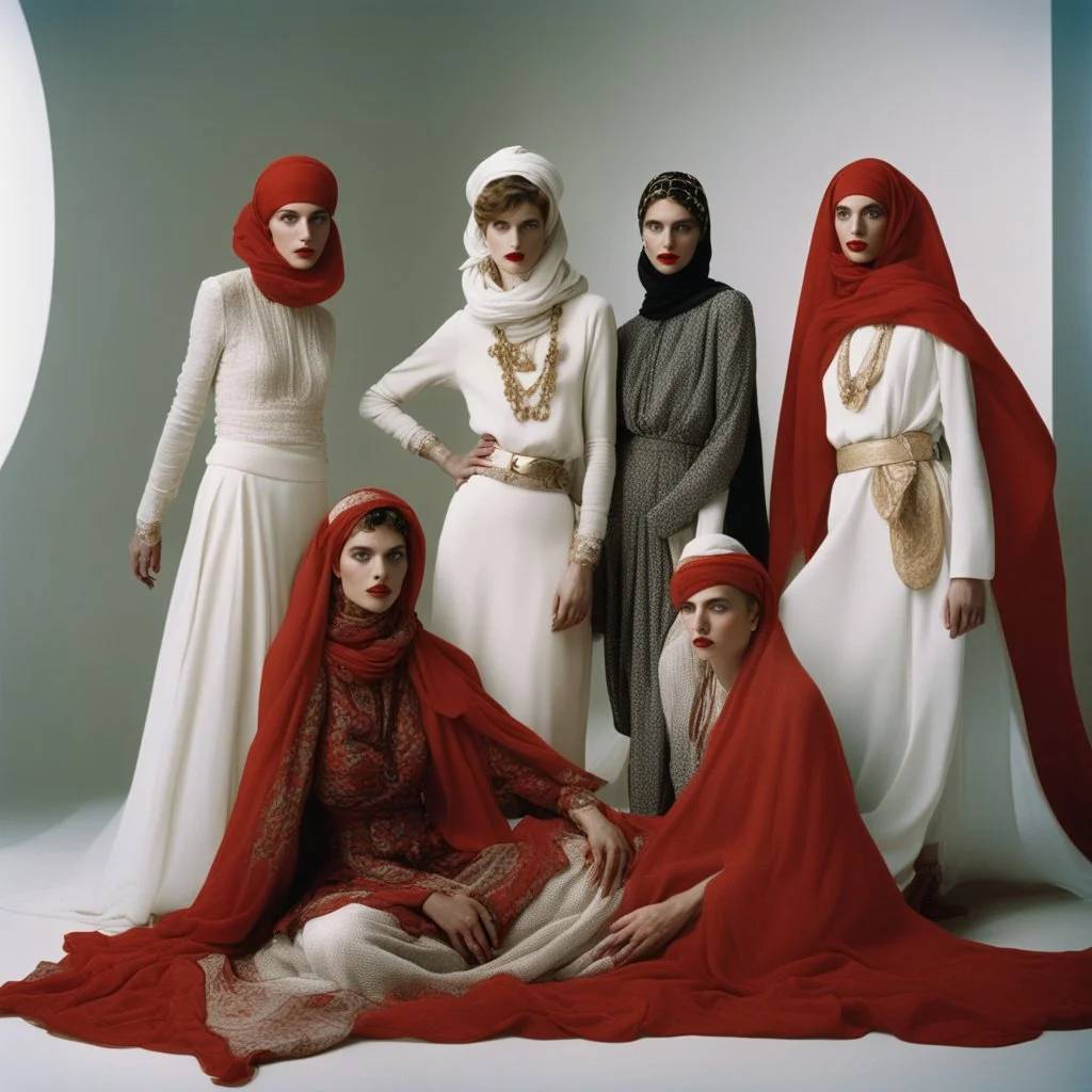 A fashion photography of a group wearing traditional Middle Eastern , in a white studio with a red scarf around the head and a long skirt, posing for Vogue magazine in the style of James Bidgood photographed in the style of Tim Walker. --ar 101:128 --v 6. 0