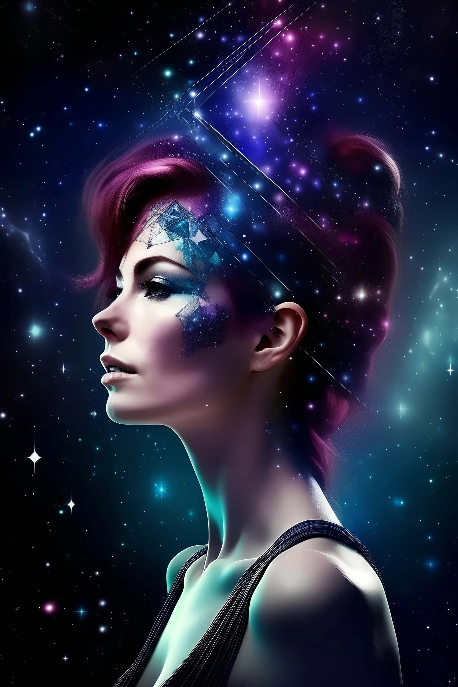 galactic woman, starship leader, starship, stars