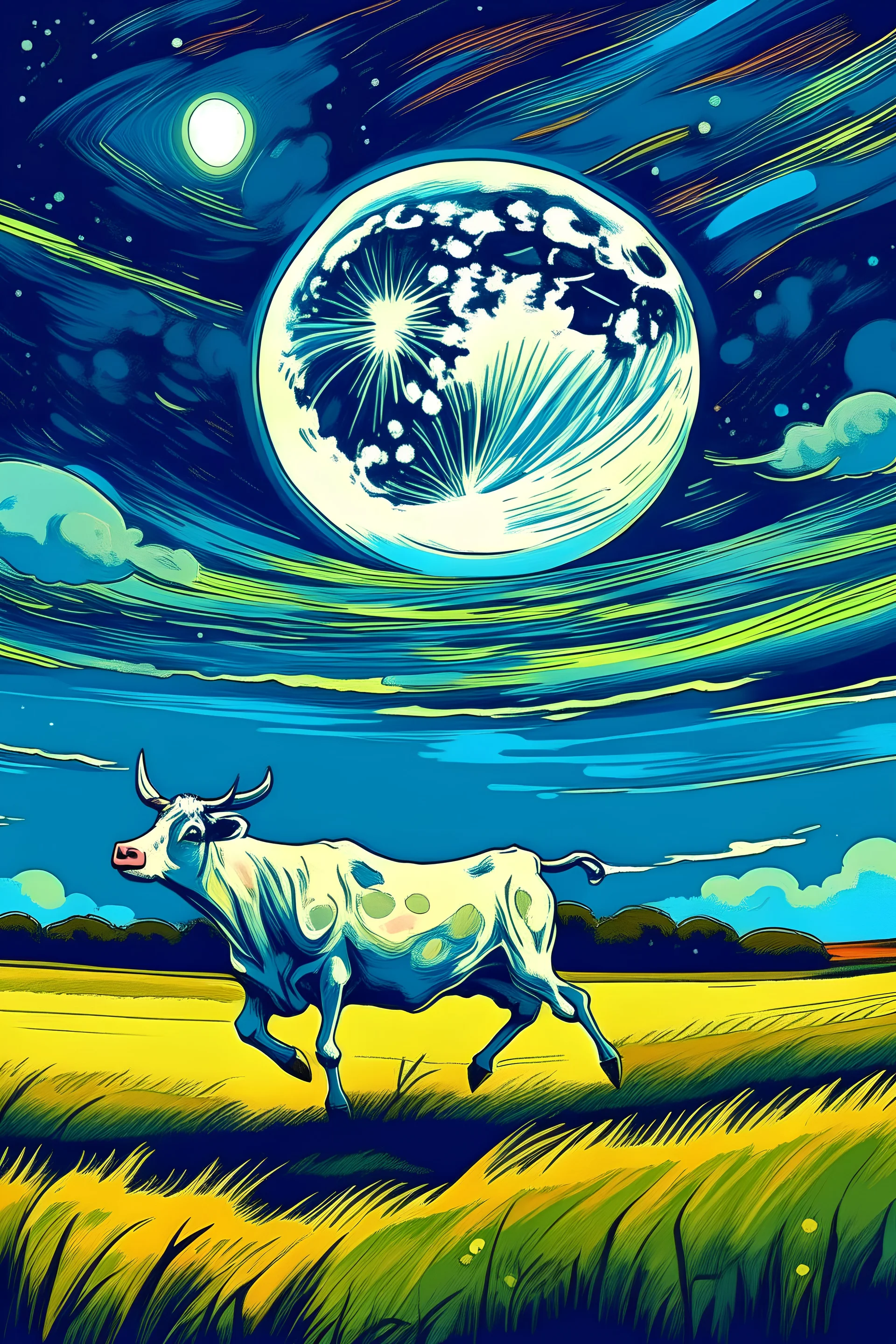 una vaca saltando en la llanura pampeana argentina bajo una luna brillante al estilo de Van Gogh