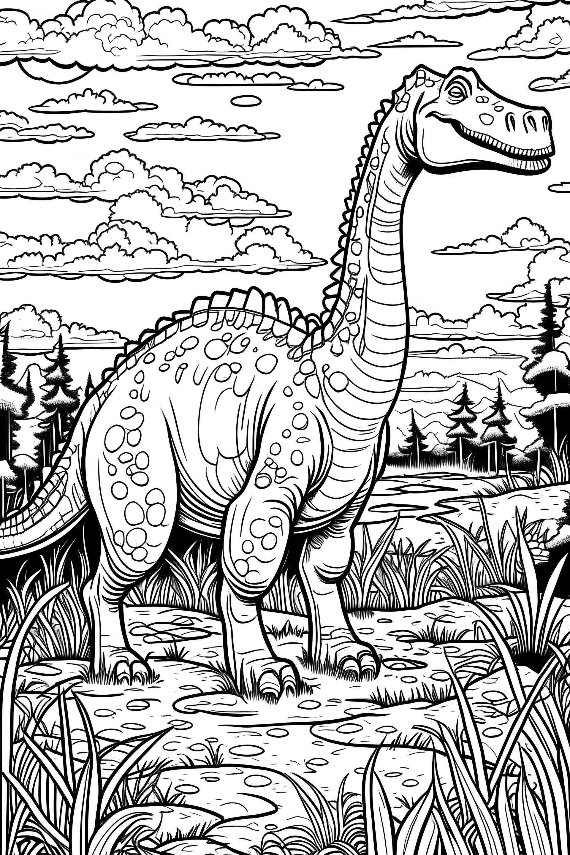 "Design a black and white coloring page with a sophisticated portrayal of a Brachiosaurus in a meticulously rendered prehistoric meadow. Utilize shading, detailed linework, and a 9:11 aspect ratio." .cartoon style, thick line, low detai,no shaping --ar 9:11