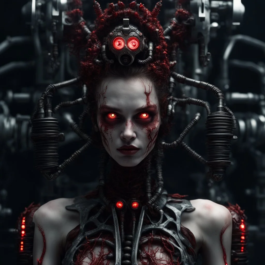 Demonic mechanical creepy aggressive necrophage zombie undead girl with scary red eyes, in a spiky mechanical suit with tubes, dark fantasy horror, Filigree, Aesthetically pleasing, Realistic, Professional photo, 4k, hight resolution, higly detailed, 30mm lens, 1/250s, f/2.8, ISO 100