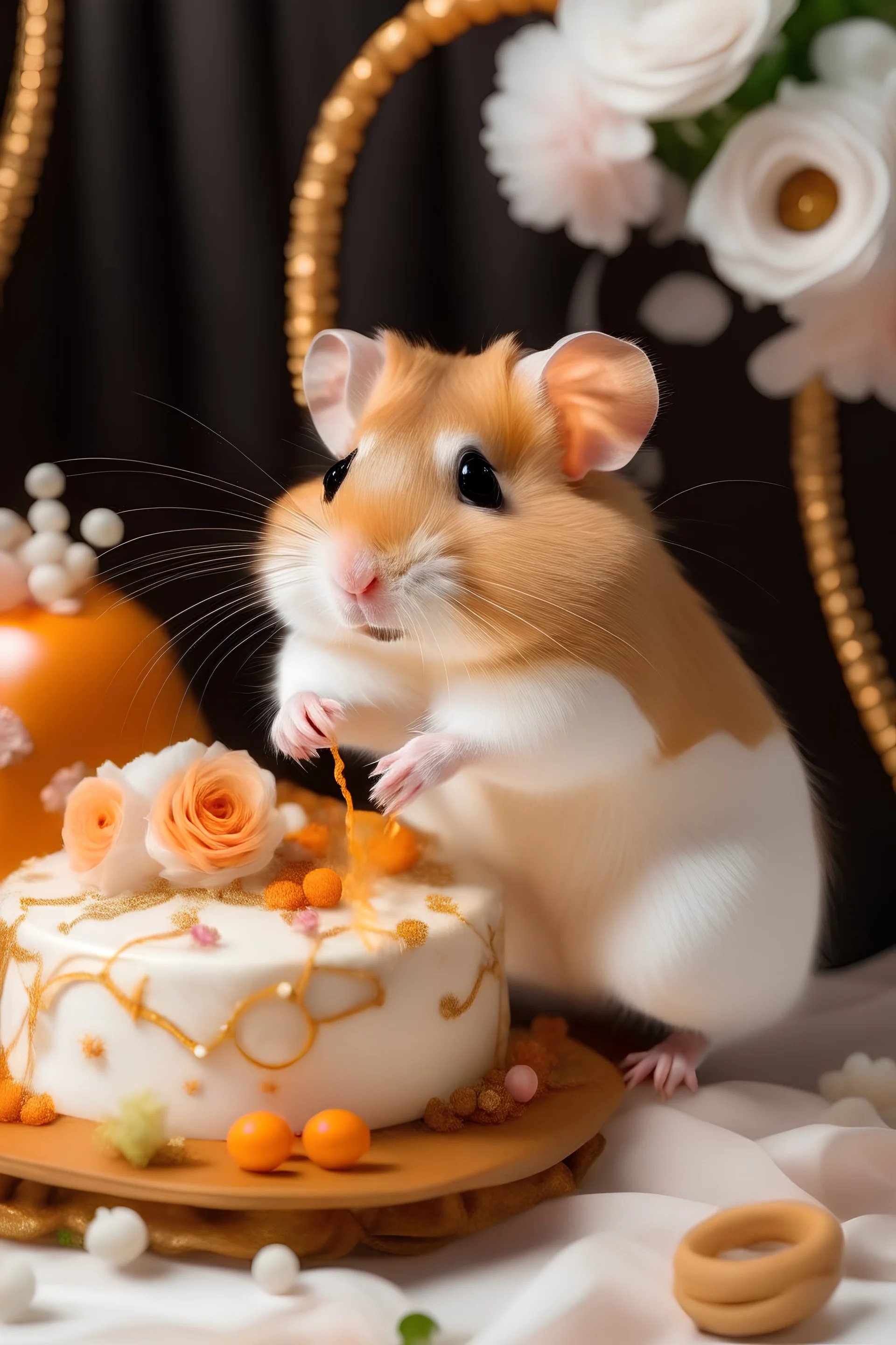 primer plano de un hamster vestido de gala casándose con una hamster vestida de novia cortando un pastel en una fiesta con fuegos artificiales