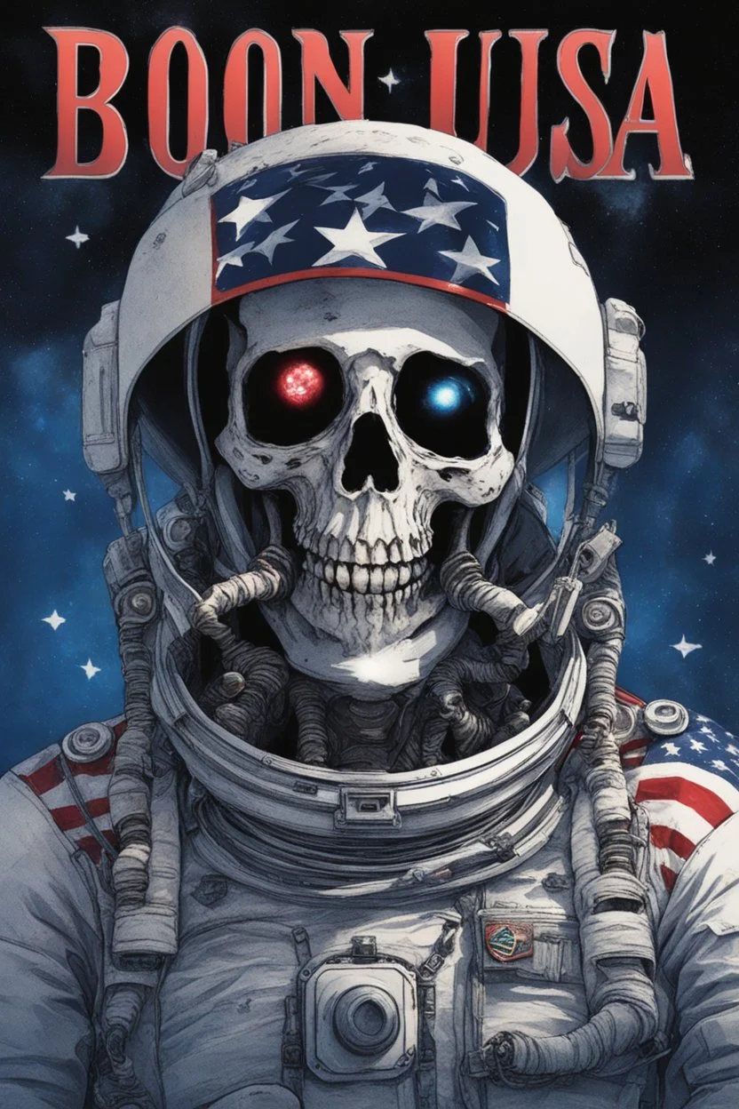 A close up of a skeleton face looking shocked, in an astronaut helmet and suit floating in space. inside the hollow eyes are red shining lights, scary. On his suit is an American flag and in his one hand is a small wavering American flag, on it is written "boned in the USA". From the back of his suit is blowing out blue, white and red smoke. Realistic, 8k, highly detailed, funny