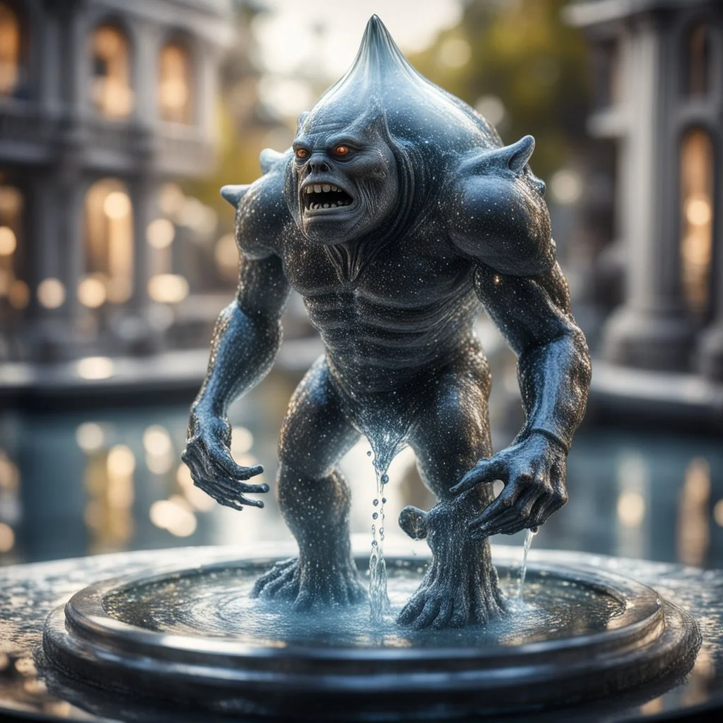 giger escher ogre araknid sculpture in transparent murano glass beeing sprinkled by fountain,bokeh like f/0.8, tilt-shift lens 8k, high detail, smooth render, down-light, unreal engine,bokeh like f/0.8, tilt-shift lens 8k, high detail, smooth render, down-light, unreal engine