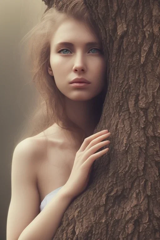 Oak tree roots holding woman inside, misty sunny day, close-up portrait