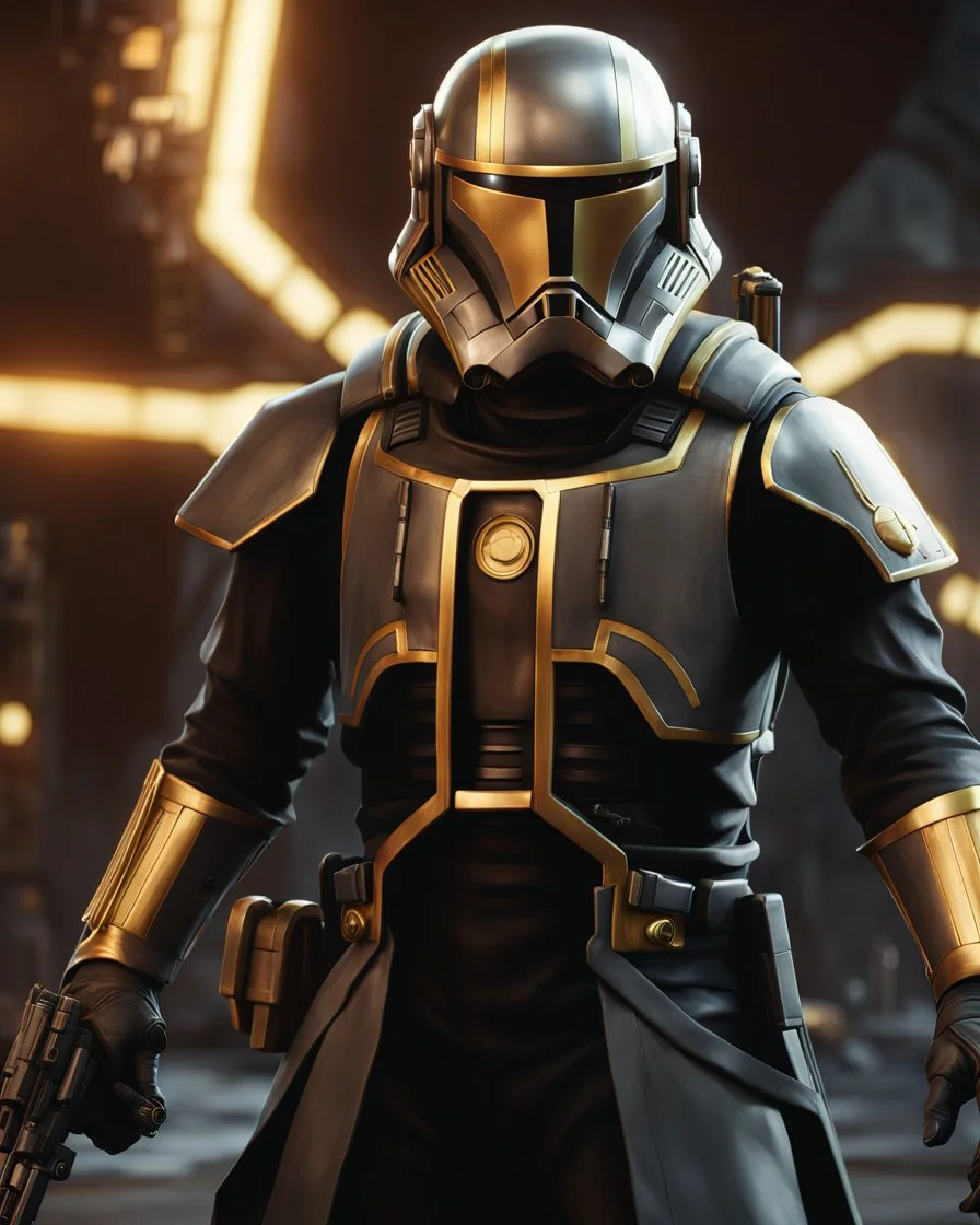 star wars bald male corellian pilot wearing pearlescent black and gunmetal grey First Order special forces heavy assault stealth commando armor and helmet with gold trim inside the jedi temple, hyperdetailed, dynamic lighting, hyperdetailed background, 8k resolution, volumetric lighting, light skin, fully symmetric details