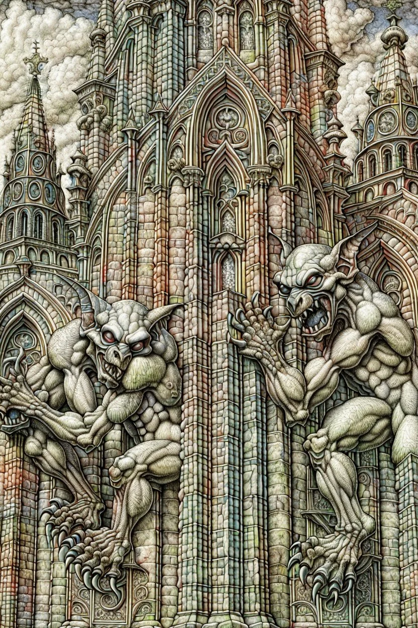 Gargoyles Promt: Art Nouveau Gothic Hyper realistic intricate oil paint detailed pencil sketched Notre Dame gargoyles in the style of Escher, a resin painter