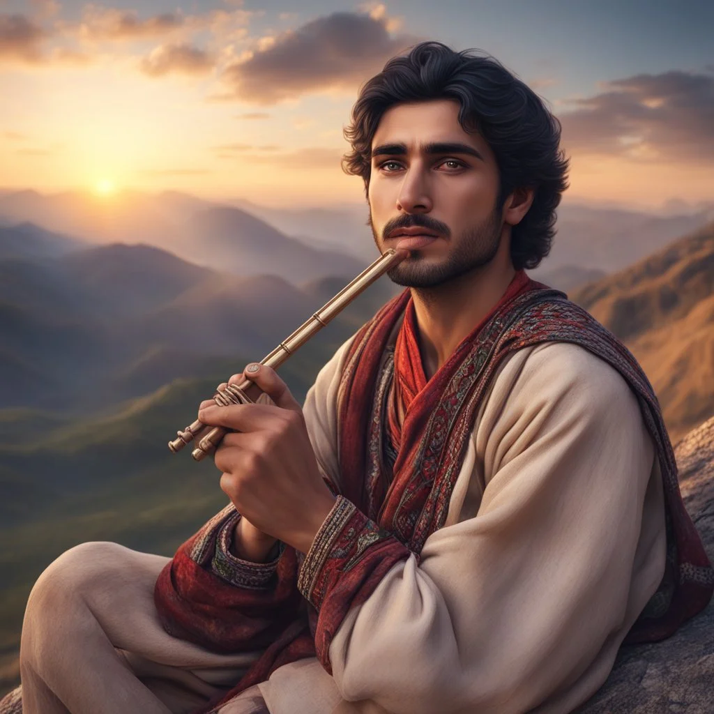 Hyper Realistic close-up-view of a good-looking-young-pashto-man-with-beautiful-eyes playing traditional-flute sitting on mountain at beautiful cloudy sunset with dramatic & cinematic ambiance