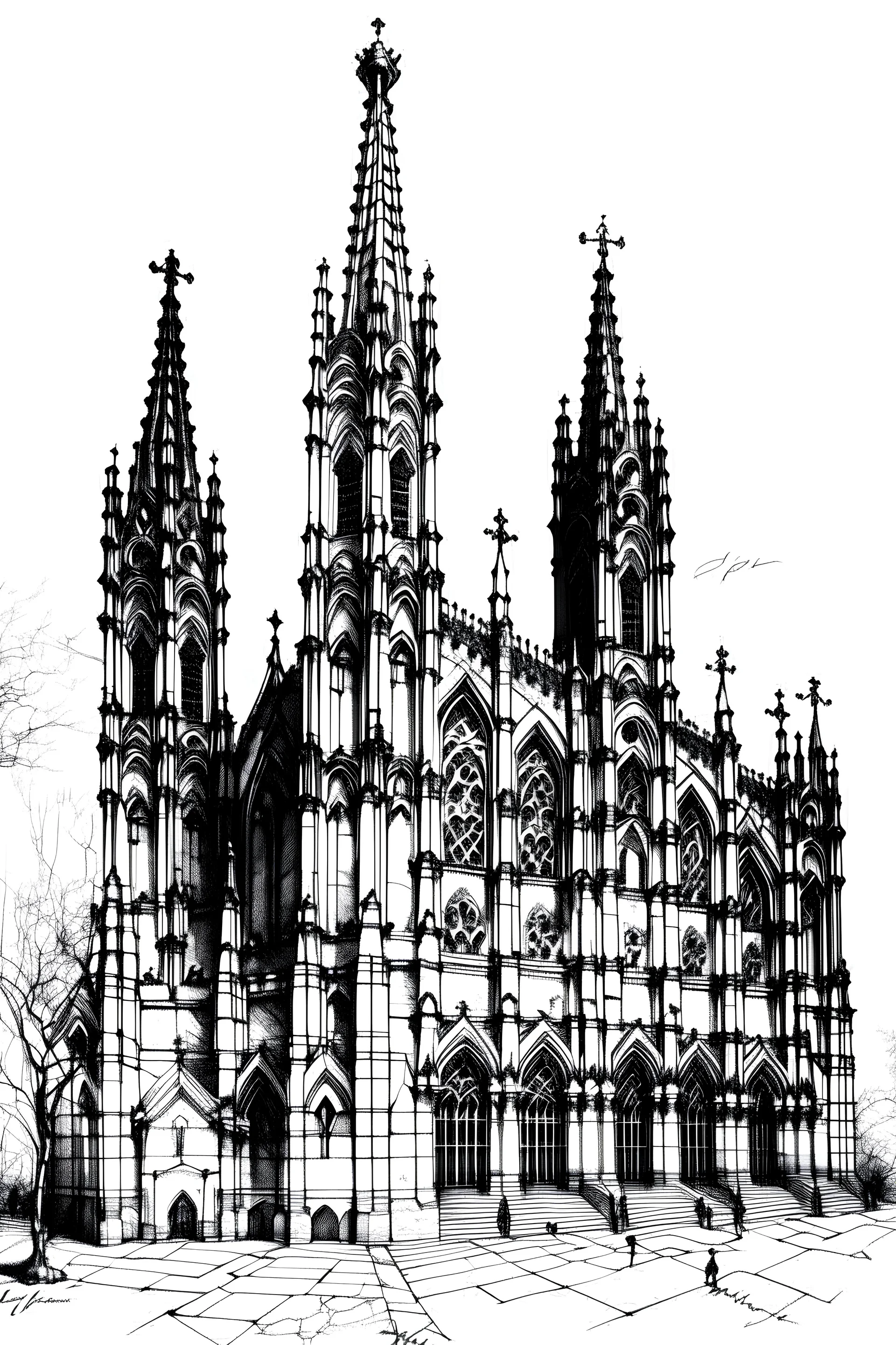 black and white colors only ; sketch of saint jacques cathedral in spain viewed from obradoiro squared; no background