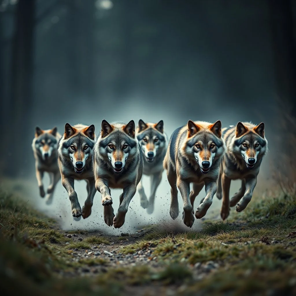 A hyper-realistic, pack of wolves running, wild chase, cinematic BG, enchant color, dramatic scene, front side view ,fool size , Photo Real, 8k