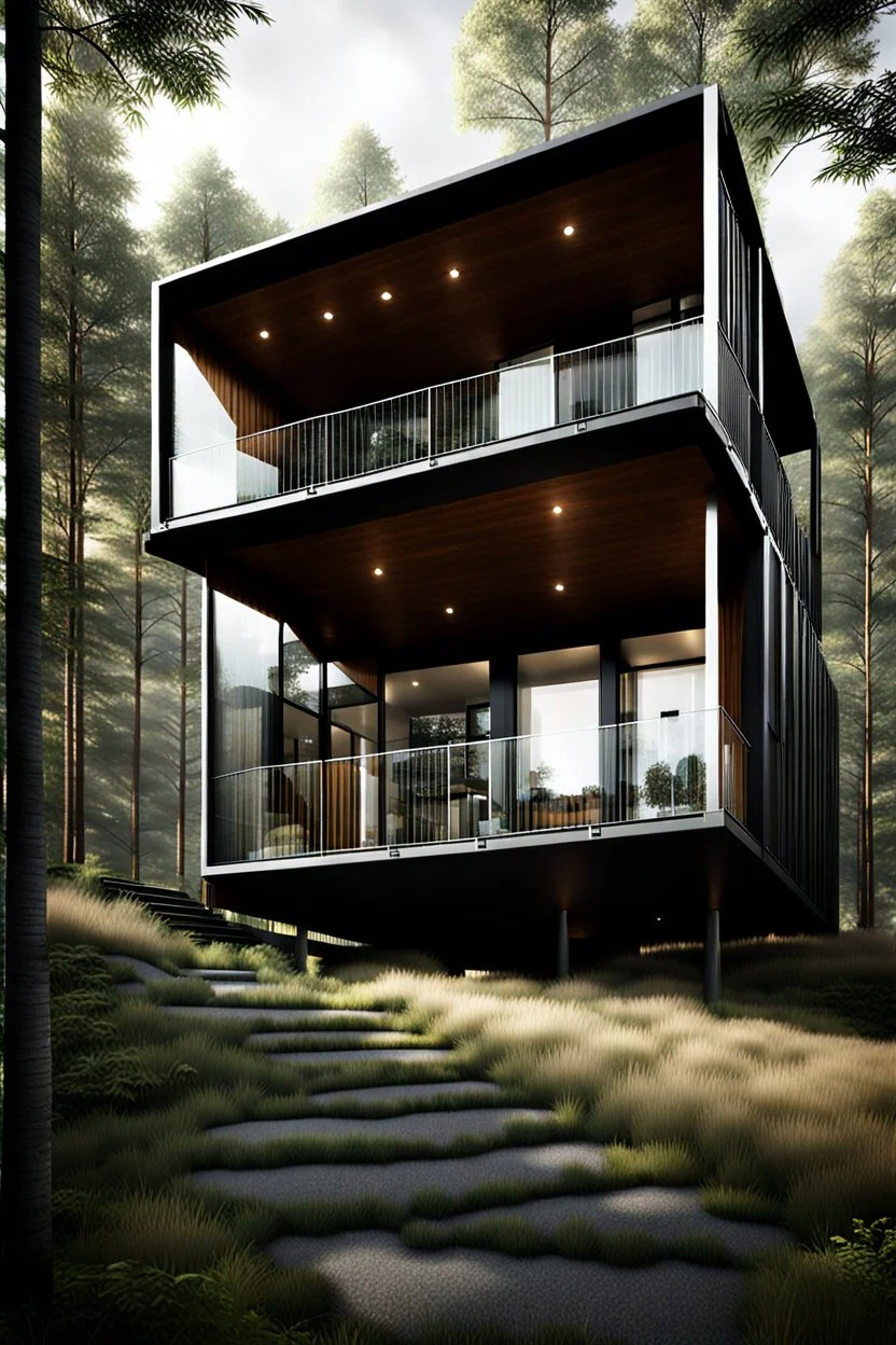 Medium-sized modern house made from shipping containers, on a hill overlooking the woods, photorealistic