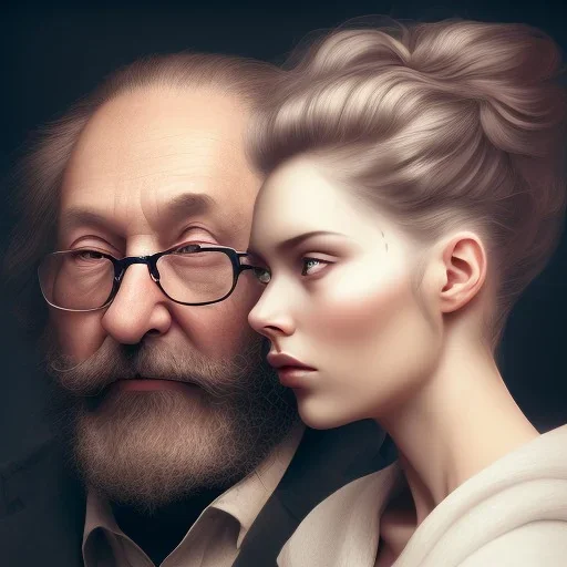 a young woman sitting next to a 50-year-old man with a beard and short hair, portrait, 8K, close-up face, anatomically perfect face, Highly detailed stunning full frame portrait, misty and cloudy atmosphere