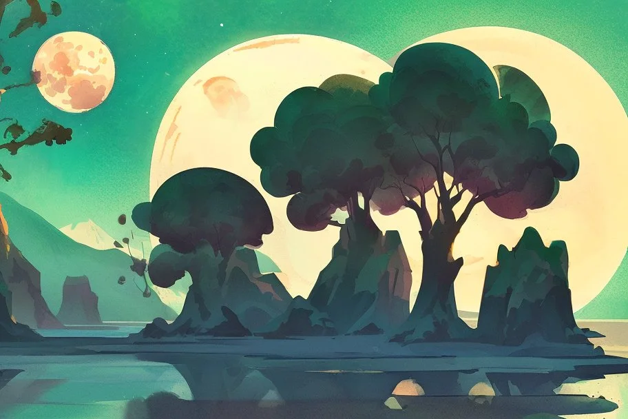 illustration concept art water color style for teenagers in other planet watching the moon and mountains having adventure two teenagers mystery weird cretures trees exiting