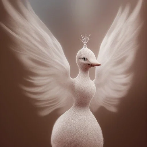 smooth hyper realistic, beautiful Japanese snow bird robot in crown, pale colors, dark cosmos background, extremely sharp detail, finely tuned detail, ultra high definition, 8 k, unreal engine 5, ultra sharp focus, accurate sword wings, positive smile, lot of details, fit within portrait, Ambiance winter, perfect composition, perfect hair, perfect hands, finger up gestures