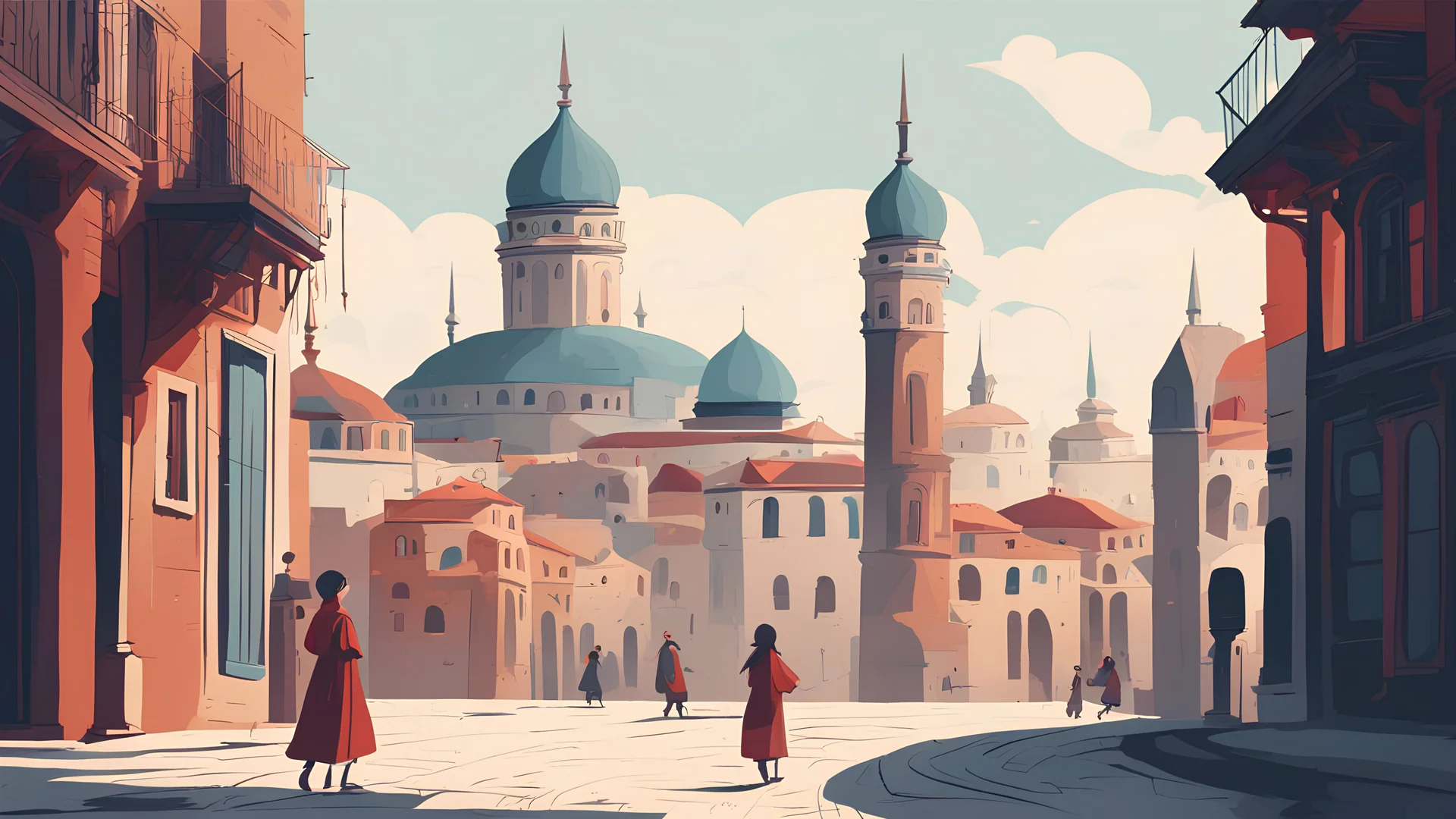 Vector. Illustration. City. Istanbul. Minimal. Woman's , children's. 2D animated. 1800 AD. Digital painting, Old