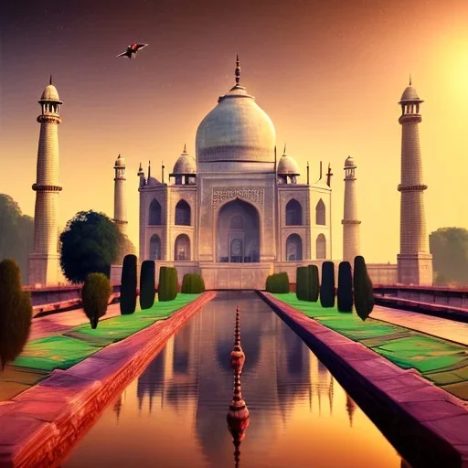 The Taj Mahal, Hindistan, sunset, fantasy art, flying birds, springs, landscape, beautiful, realistic, hyper detailed