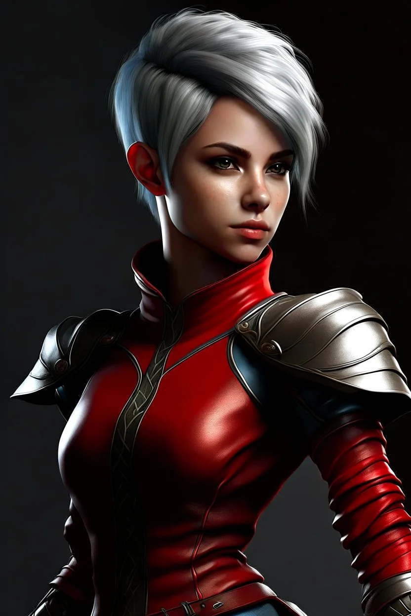 create an adult female air genasi from dungeons and dragons, dark gray short hair, light blue eyes, wind like hair, wearing red leather clothing, realistic, from waist up, digital art, high resolution, strong lighting