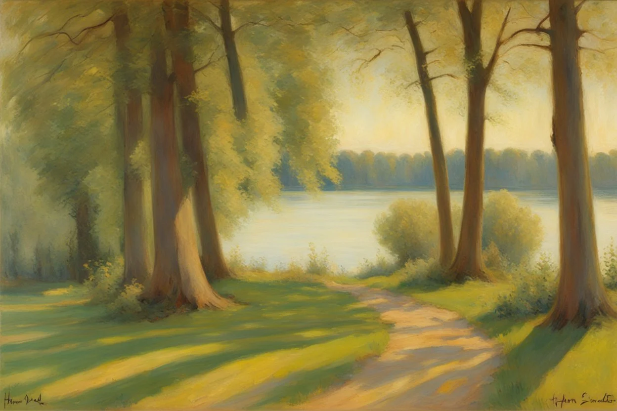 sunny day, lake, trees, friedrich eckenfelder and hans am ende impressionism paintings