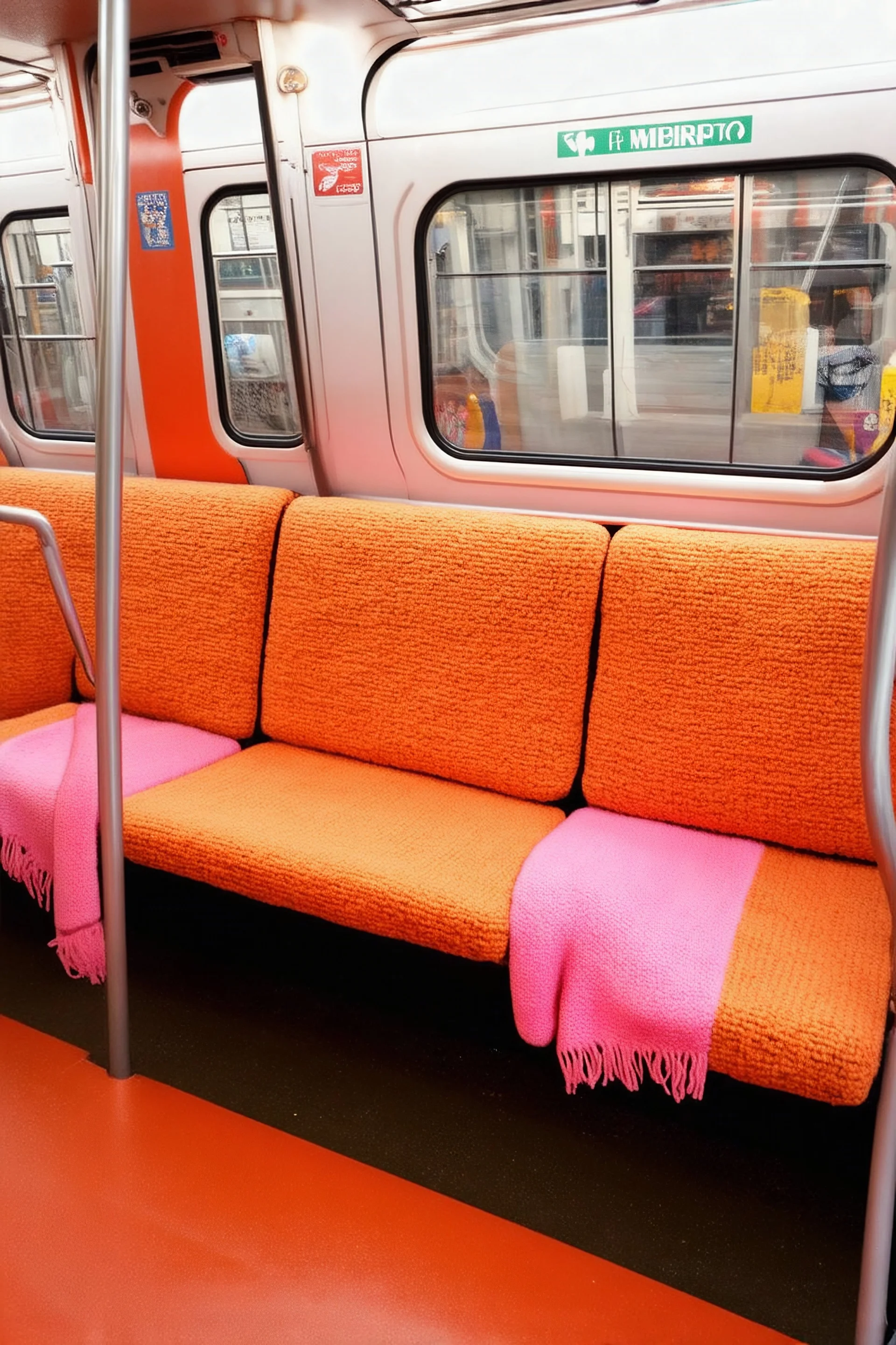 Métro with cosy seats, orange, pink, hippie, wool, with blankets