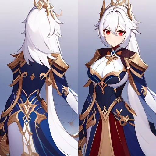 Clear focus,High resolution,High quality, white long fluffy hair, Red eyes, genshin warrior clothing style, curvy, Concept Art, Liyue Style