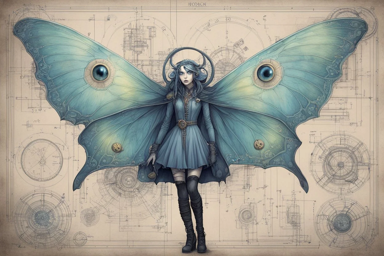 Jean-Baptiste Monge style hand drawn technical illustration with detailed blueprints and engineering schematics of a walking hybrid Luna moth goth girl, with highly detailed facial features with multi cellular eyes, drawings, and technical notation, 8k, vibrant natural colors,