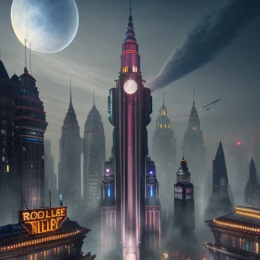 Bridge on rooftops Gotham Metropolis,European Neogothic imperial city, uphill Road, 1900s photograph, 8K resolution, #film, diffuse light,German noir,matte painting,chaos city, traffic,BioShock