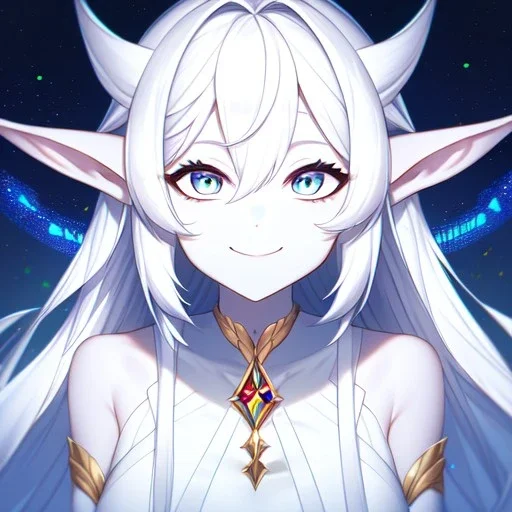 cosmic mage, elf, female, cosmic magic, long ears, white hair, face details, pale skin, jewellery, broad shoulders, sharp ears, cosmic clothes, cosmic eyes, ears shown, the cosmos in eyes, shining eyes, thin face, detailed ears, magical eyes, closed mouth, make up, smiling face, happy face, pointy ears