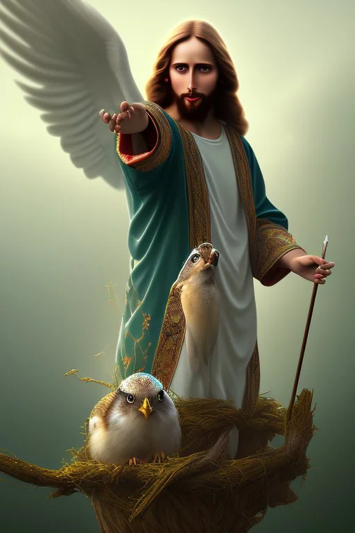 jesus as a bird, volumetric fog, 4k, trending art, depth of field, radiosity