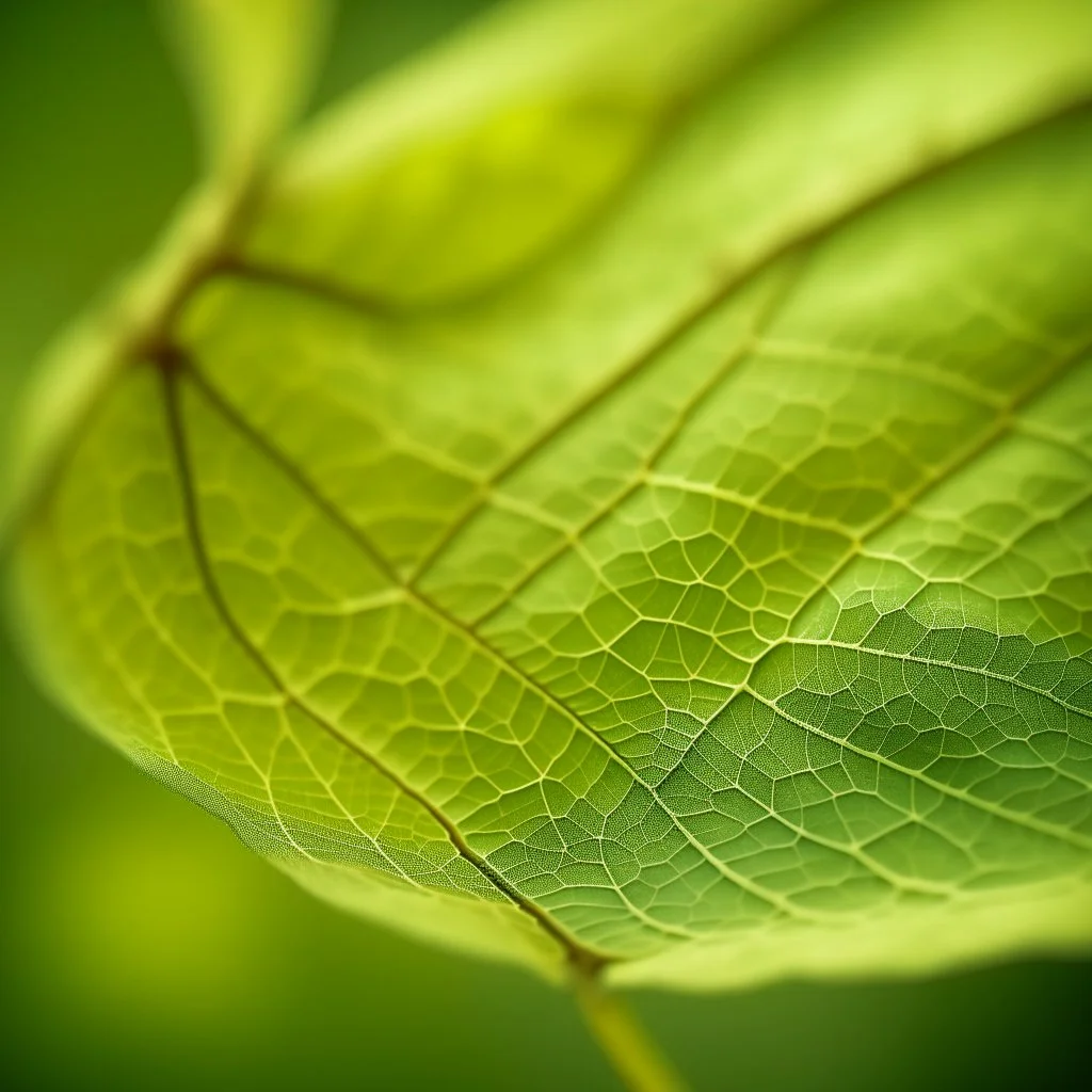 A out of focus microscopic hyperrealist photography of leaves' texture. Colors are light green and yellow. Heavy grain texture and vintage look.